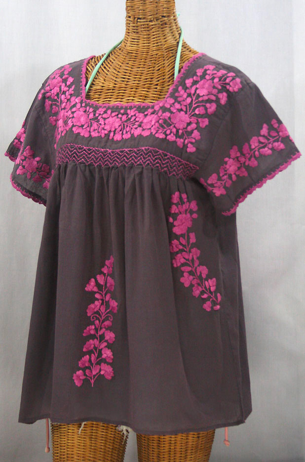 "La Marina Corta" Embroidered Mexican Peasant Blouse - Grey + Pink