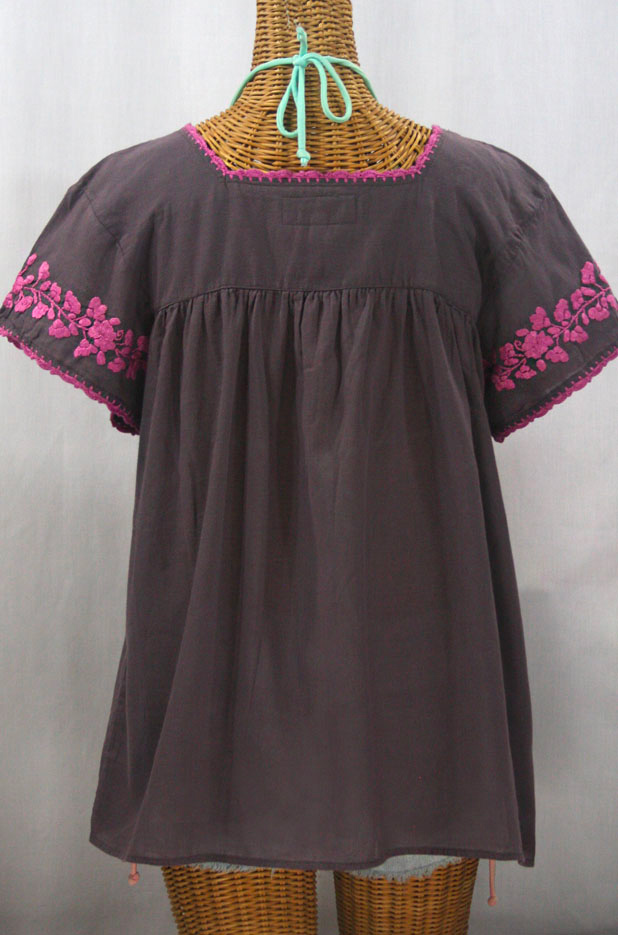 "La Marina Corta" Embroidered Mexican Peasant Blouse - Grey + Pink