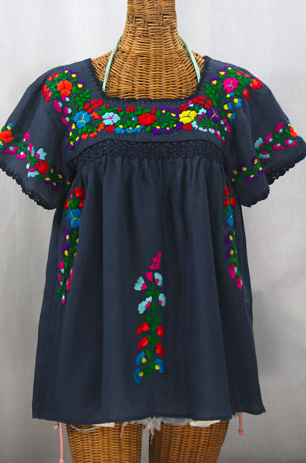 "La Marina Corta" Embroidered Mexican Peasant Blouse - Navy + Rainbow