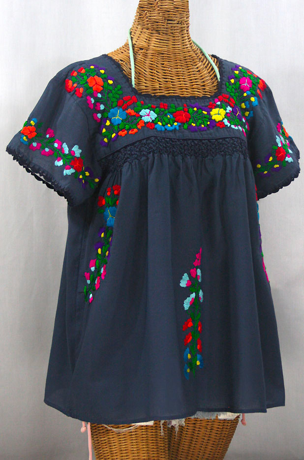 "La Marina Corta" Embroidered Mexican Peasant Blouse - Navy + Rainbow