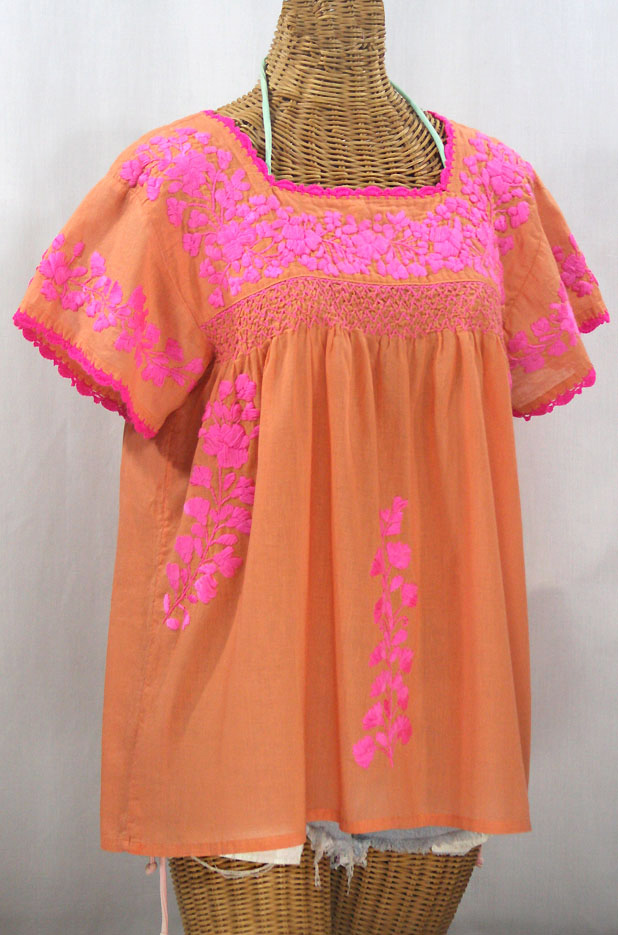 "La Marina Corta" Embroidered Mexican Peasant Blouse - Orange Cream + Neon Pink