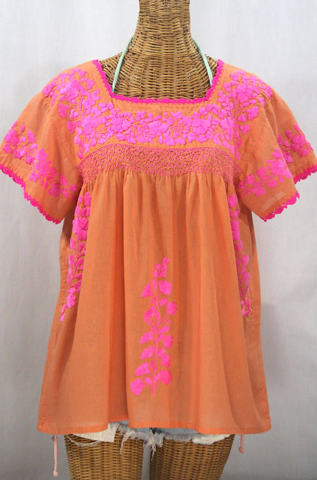 "La Marina Corta" Embroidered Mexican Peasant Blouse - Orange Cream + Neon Pink