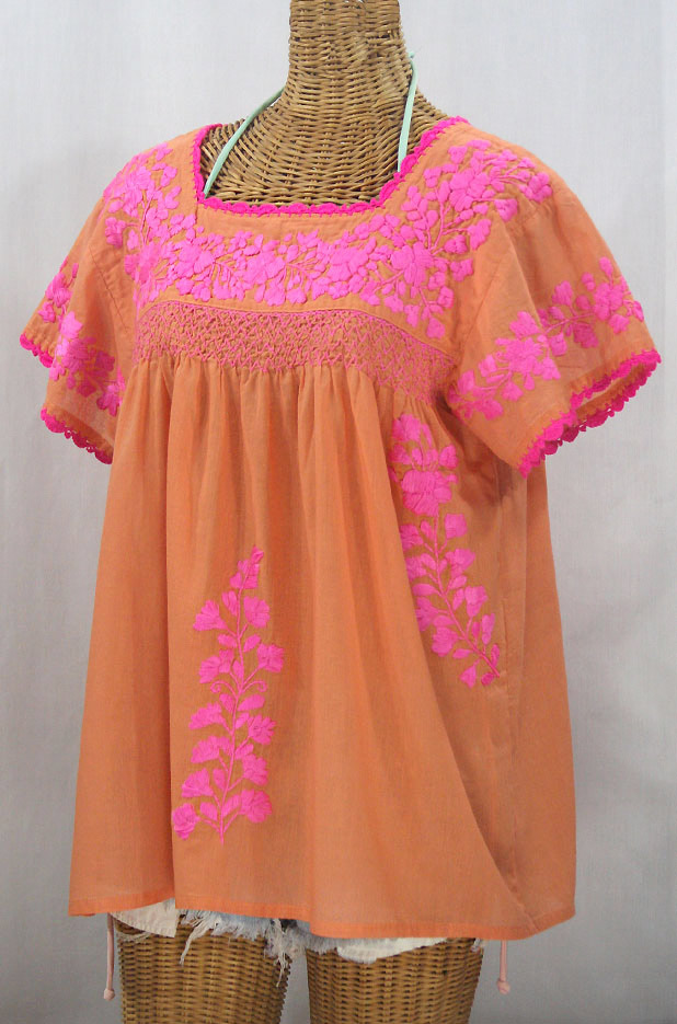 "La Marina Corta" Embroidered Mexican Peasant Blouse - Orange Cream + Neon Pink