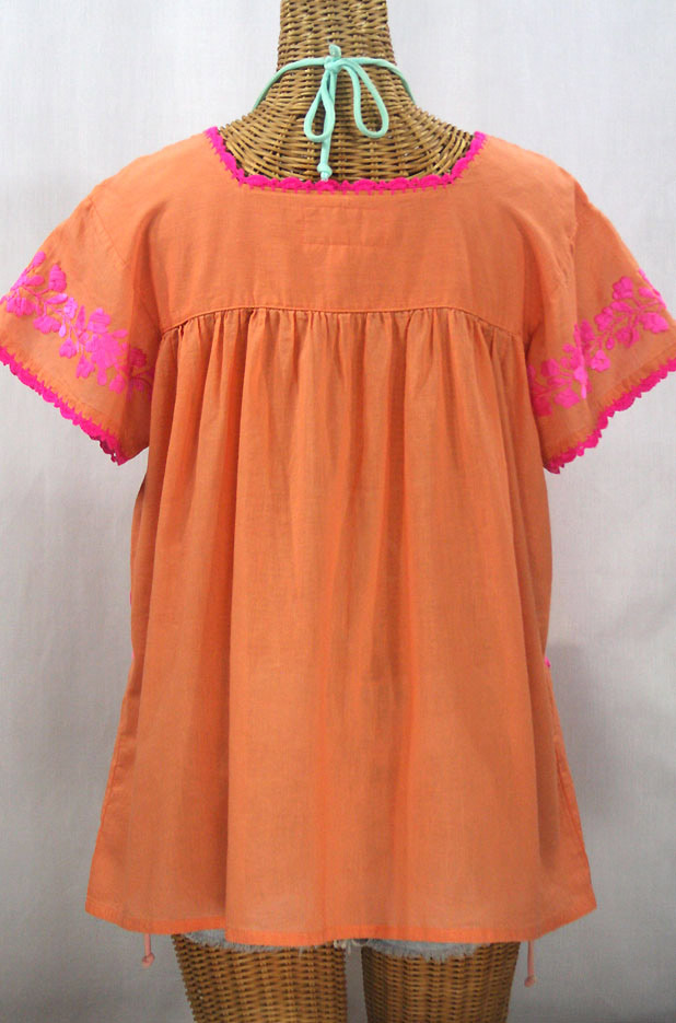 "La Marina Corta" Embroidered Mexican Peasant Blouse - Orange Cream + Neon Pink