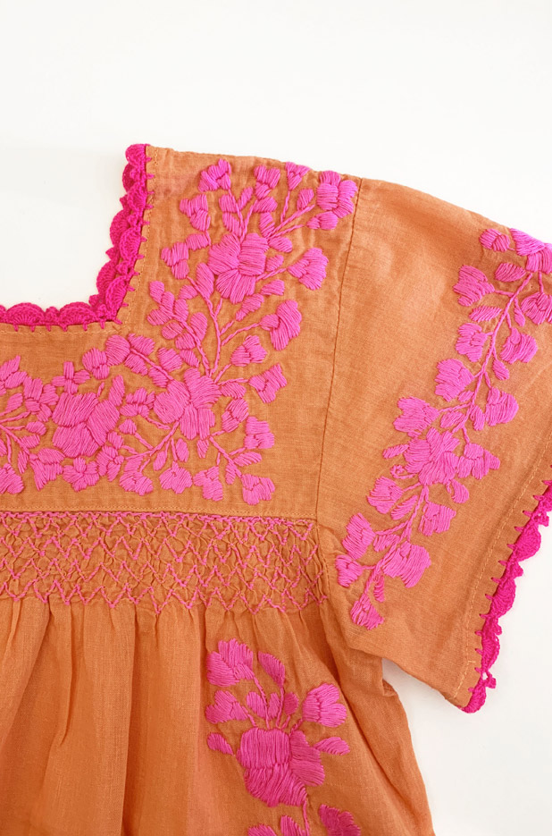 "La Marina Corta" Embroidered Mexican Peasant Blouse - Orange Cream + Neon Pink