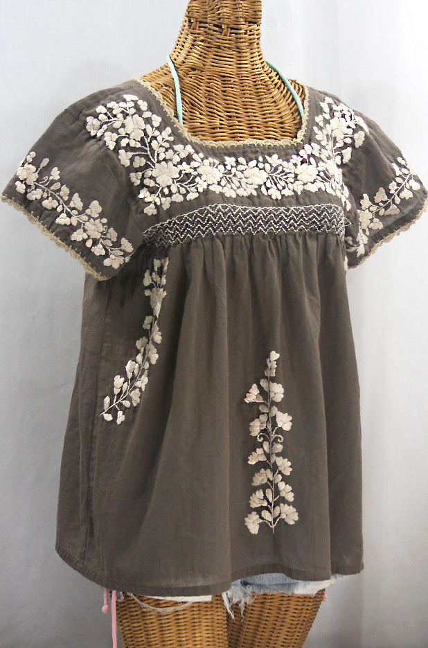 "La Marina Corta" Embroidered Mexican Peasant Blouse - Fog + Cream