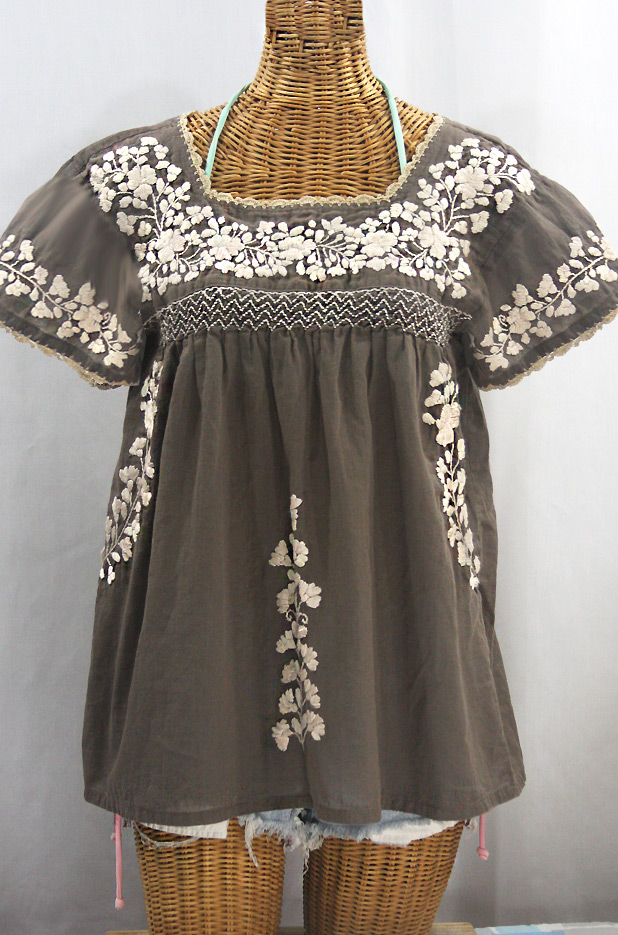 "La Marina Corta" Embroidered Mexican Peasant Blouse - Fog + Cream