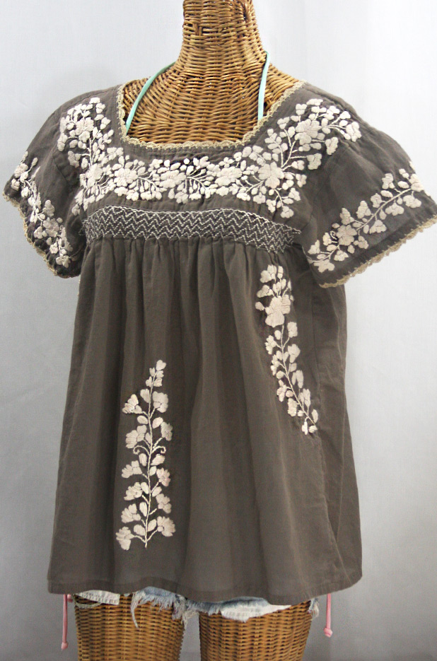 "La Marina Corta" Embroidered Mexican Peasant Blouse - Fog + Cream