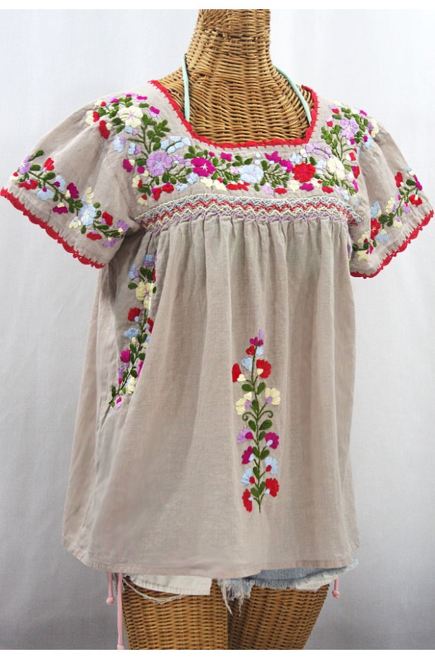 "La Marina Corta" Embroidered Mexican Peasant Blouse - Greige + Multi