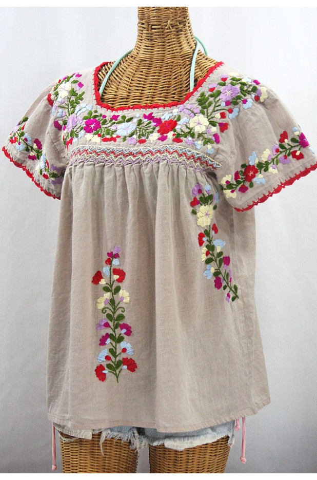 "La Marina Corta" Embroidered Mexican Peasant Blouse - Greige + Multi
