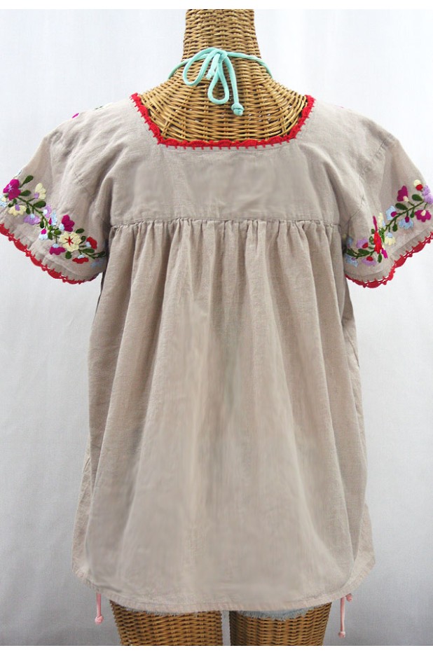 "La Marina Corta" Embroidered Mexican Peasant Blouse - Greige + Multi
