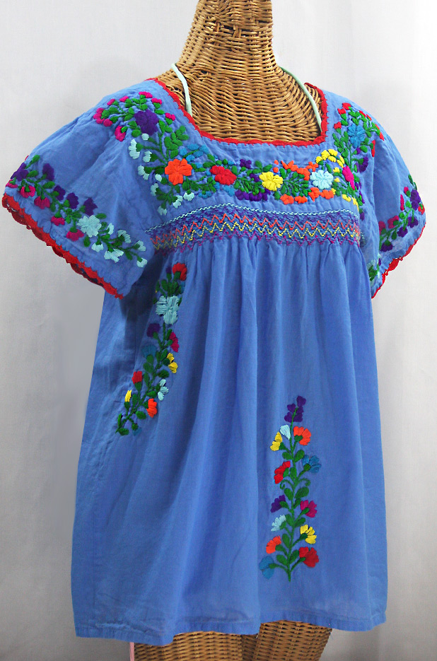 "La Marina Corta" Embroidered Mexican Peasant Blouse - Light Blue + Rainbow