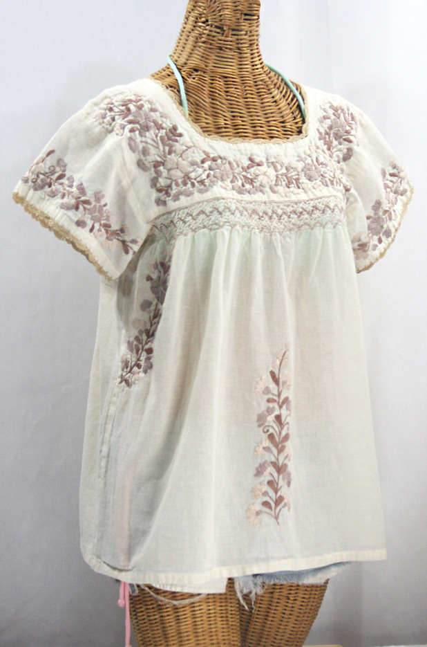 "La Marina Corta" Embroidered Mexican Peasant Blouse - Off White + Cocoa Mix