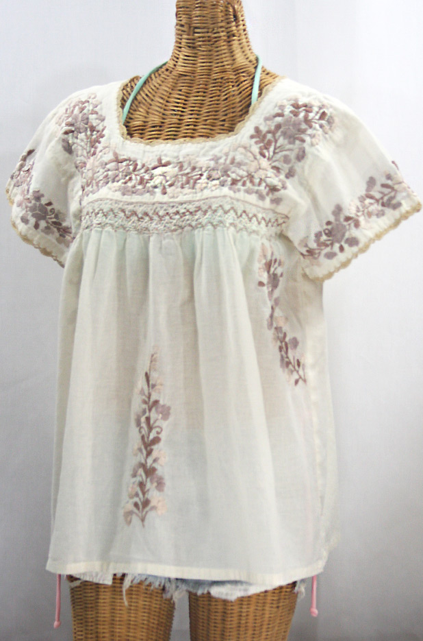 "La Marina Corta" Embroidered Mexican Peasant Blouse - Off White + Cocoa Mix