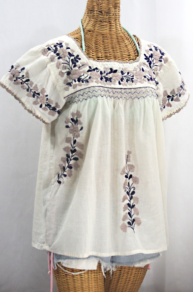 "La Marina Corta" Embroidered Mexican Peasant Blouse - Off White + Cocoa + Navy