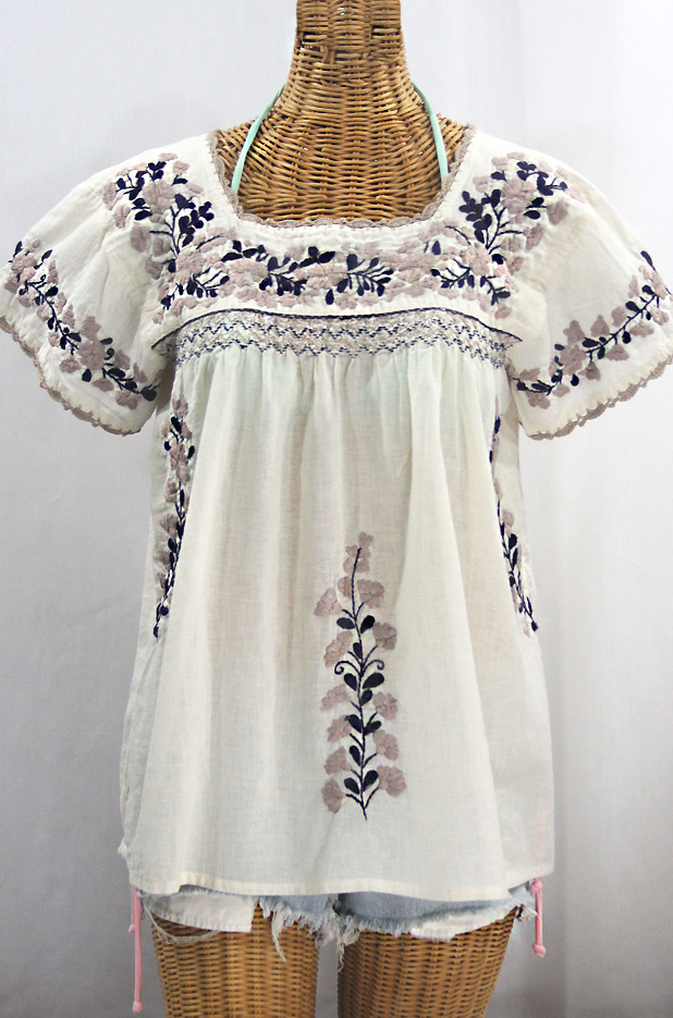 "La Marina Corta" Embroidered Mexican Peasant Blouse - Off White + Cocoa + Navy