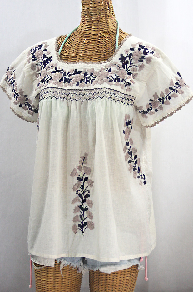 "La Marina Corta" Embroidered Mexican Peasant Blouse - Off White + Cocoa + Navy