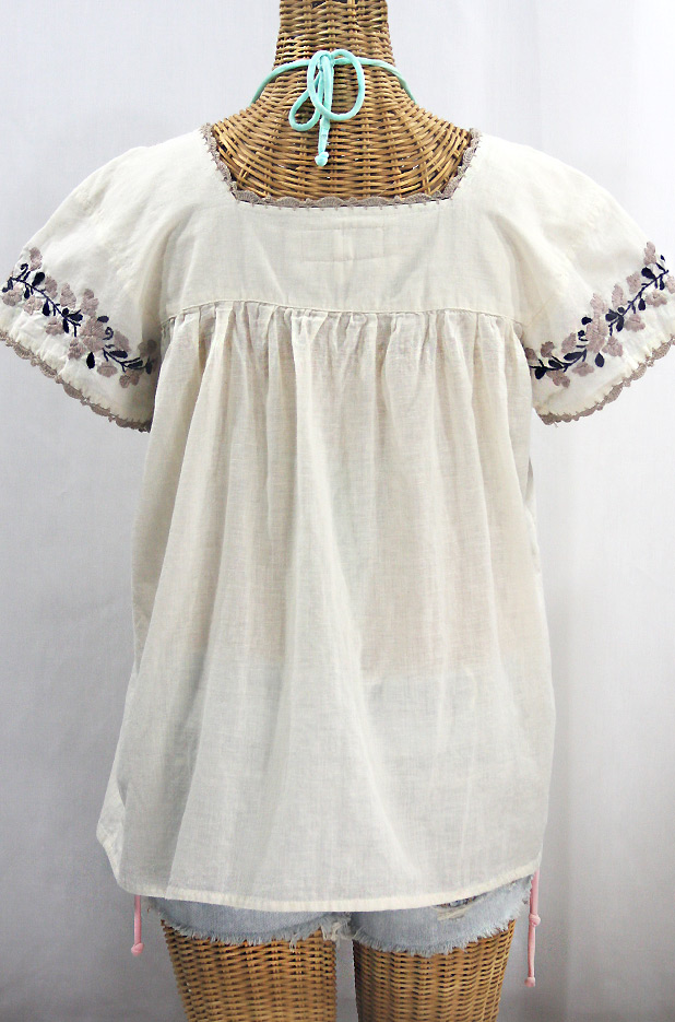 "La Marina Corta" Embroidered Mexican Peasant Blouse - Off White + Cocoa + Navy