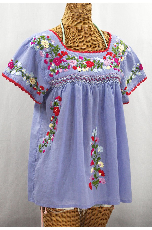 "La Marina Corta" Embroidered Mexican Peasant Blouse - Periwinkle + Multi