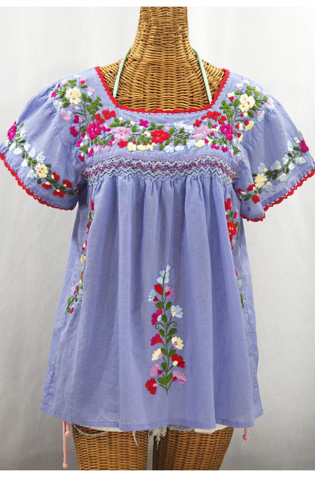 "La Marina Corta" Embroidered Mexican Peasant Blouse - Periwinkle + Multi