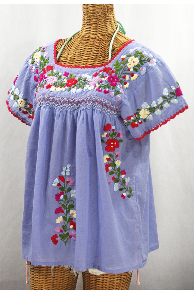 "La Marina Corta" Embroidered Mexican Peasant Blouse - Periwinkle + Multi