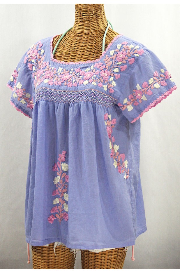 "La Marina Corta" Embroidered Mexican Peasant Blouse - Periwinkle + Pink Mix