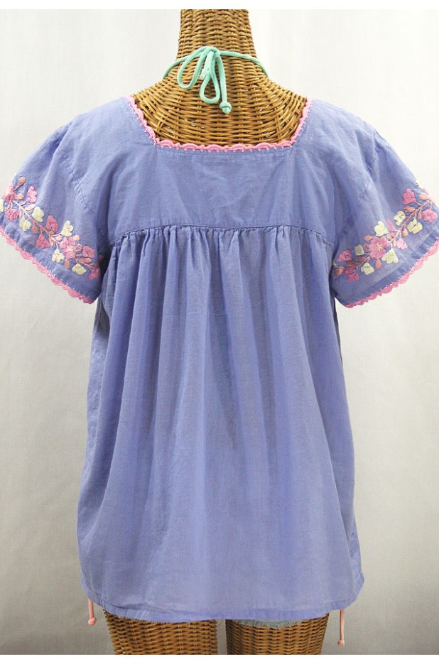 "La Marina Corta" Embroidered Mexican Peasant Blouse - Periwinkle + Pink Mix