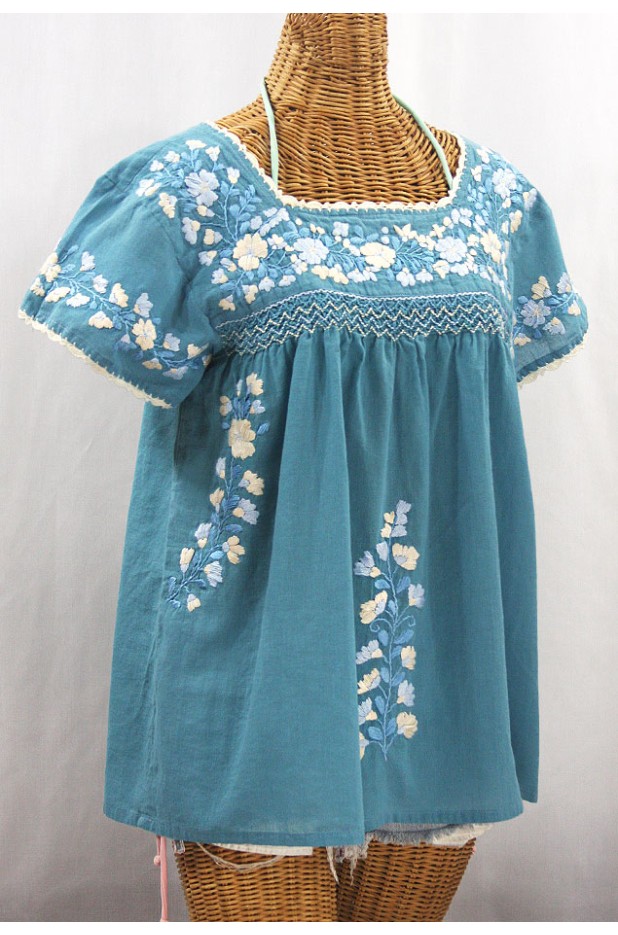 "La Marina Corta" Embroidered Mexican Peasant Blouse - Pool Blue + Blue Mix