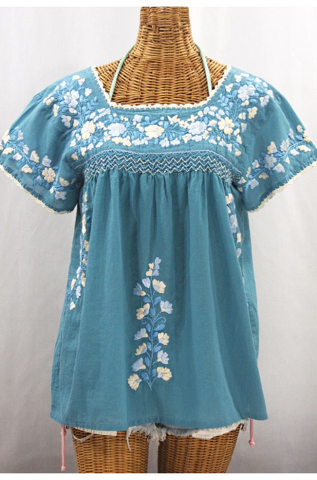 "La Marina Corta" Embroidered Mexican Peasant Blouse - Pool Blue + Blue Mix