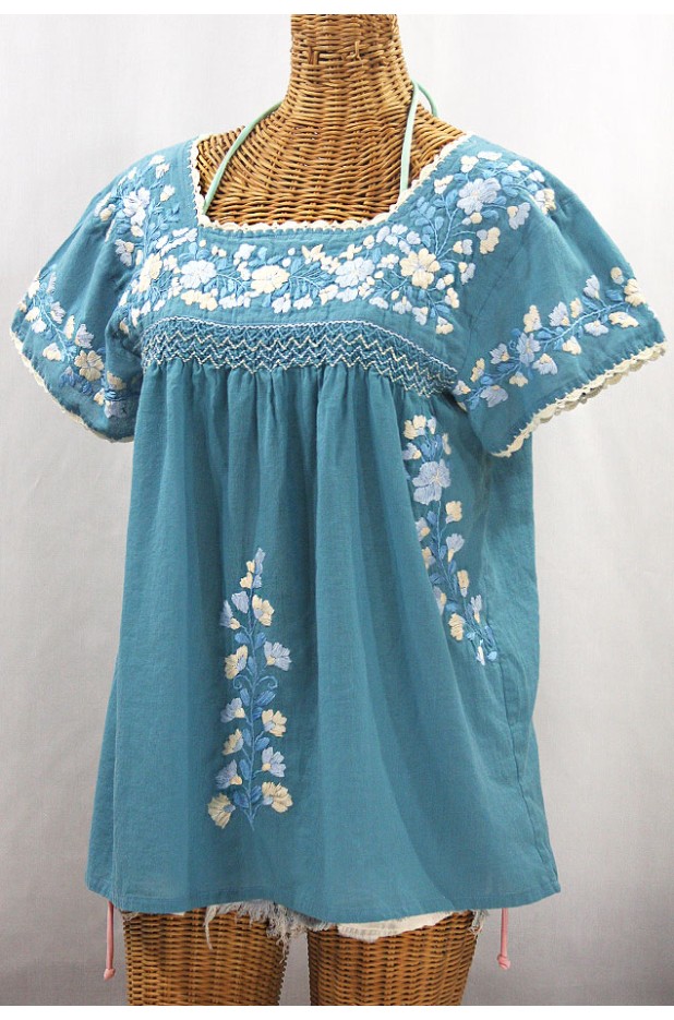 "La Marina Corta" Embroidered Mexican Peasant Blouse - Pool Blue + Blue Mix
