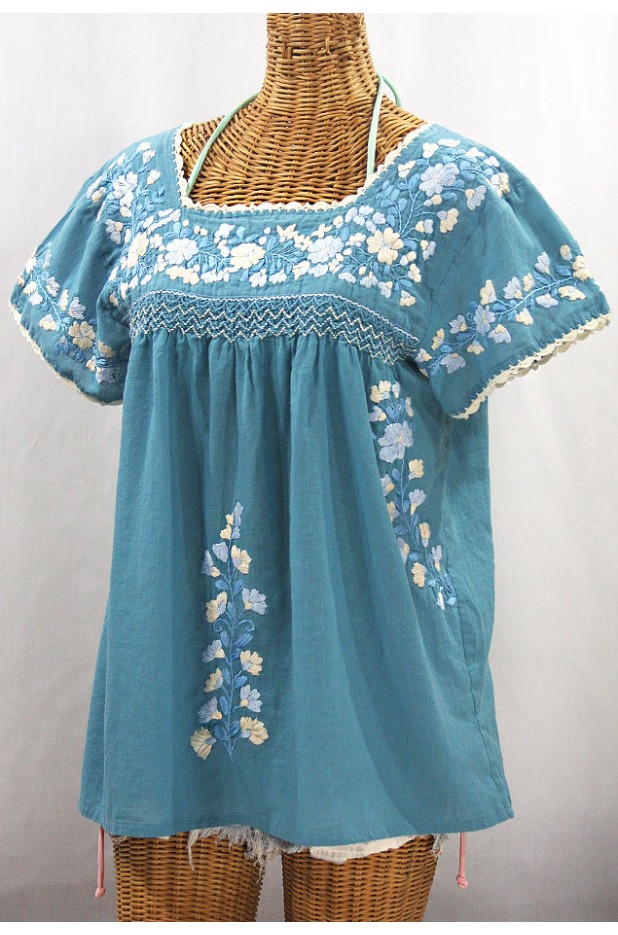 "La Marina Corta" Embroidered Mexican Peasant Blouse - Pool Blue + Blue Mix