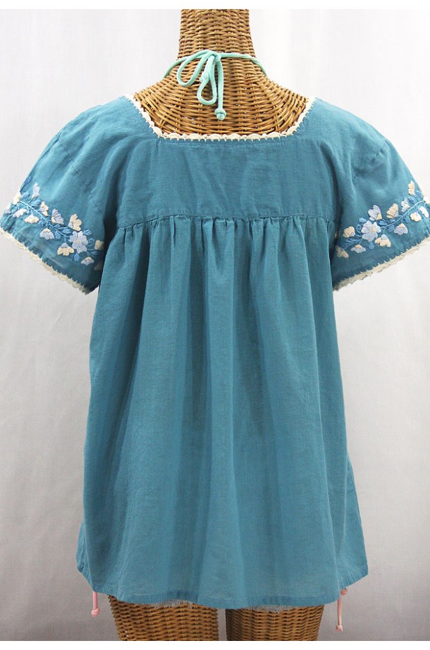 "La Marina Corta" Embroidered Mexican Peasant Blouse - Pool Blue + Blue Mix