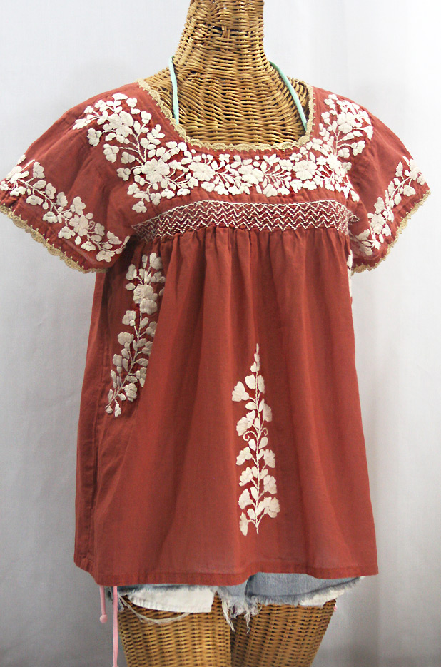 "La Marina Corta" Embroidered Mexican Peasant Blouse - Terracotta + Cream