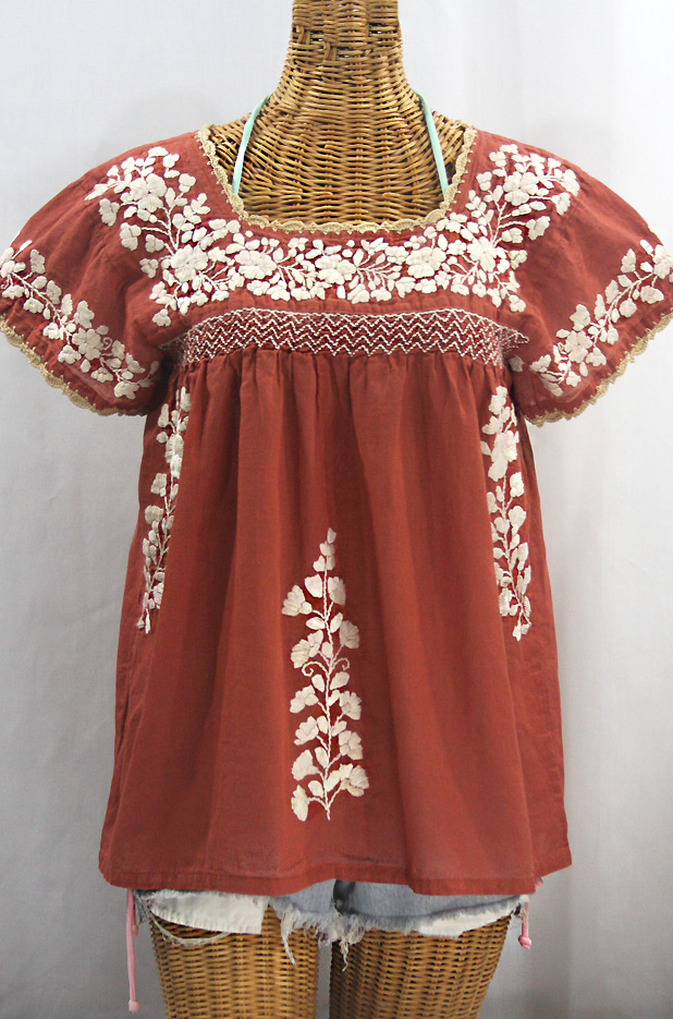 "La Marina Corta" Embroidered Mexican Peasant Blouse - Terracotta + Cream