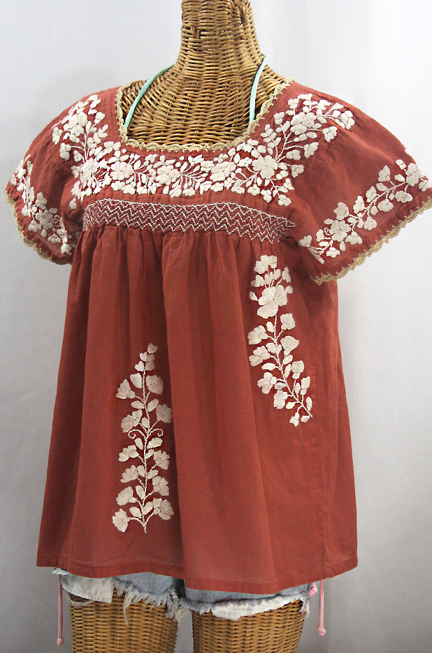 "La Marina Corta" Embroidered Mexican Peasant Blouse - Terracotta + Cream