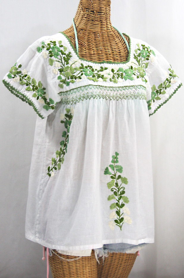 "La Marina Corta" Embroidered Mexican Peasant Blouse - White + Green Mix