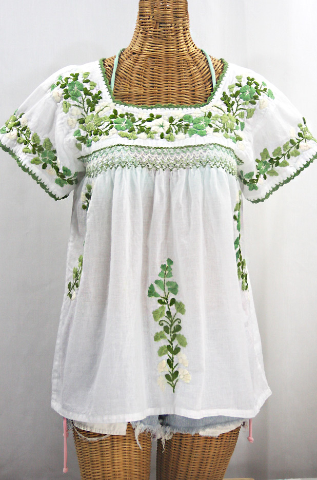 "La Marina Corta" Embroidered Mexican Peasant Blouse - White + Green Mix