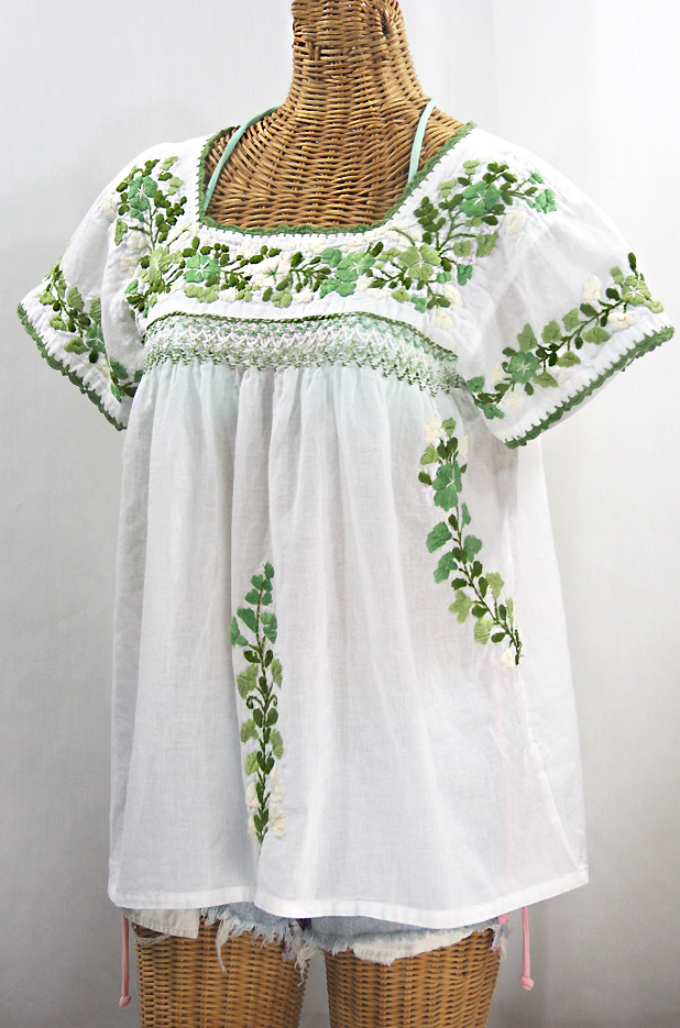 "La Marina Corta" Embroidered Mexican Peasant Blouse - White + Green Mix