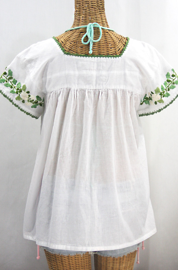 "La Marina Corta" Embroidered Mexican Peasant Blouse - White + Green Mix
