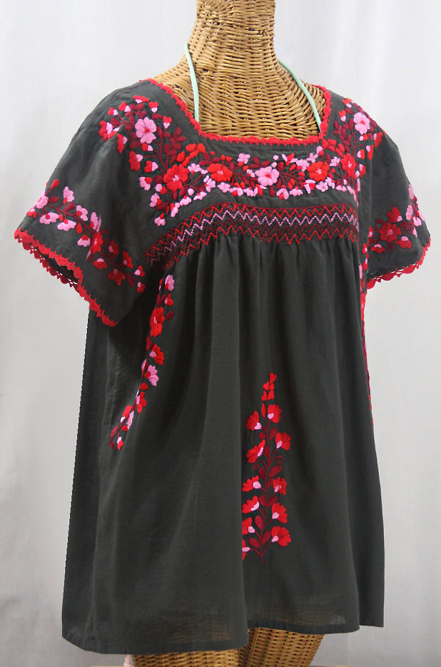 "La Marina Corta" Embroidered Mexican Peasant Blouse - Charcoal + Red Mix