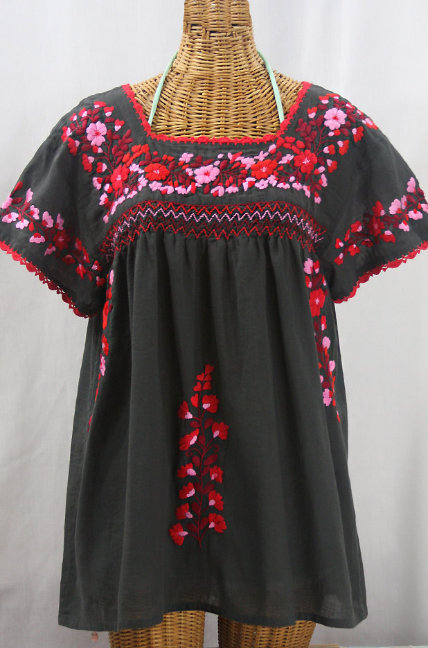 "La Marina Corta" Embroidered Mexican Peasant Blouse - Charcoal + Red Mix