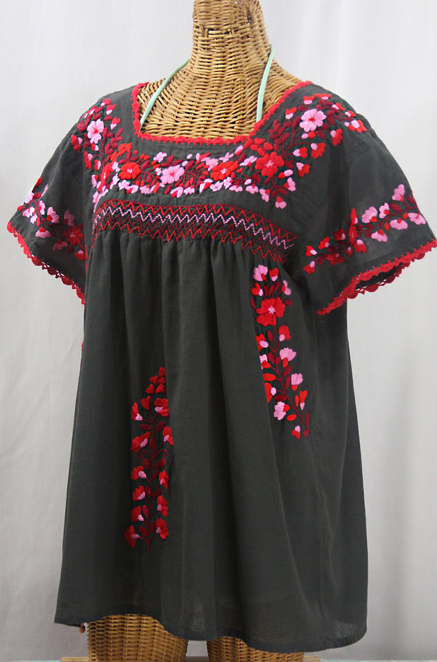 "La Marina Corta" Embroidered Mexican Peasant Blouse - Charcoal + Red Mix