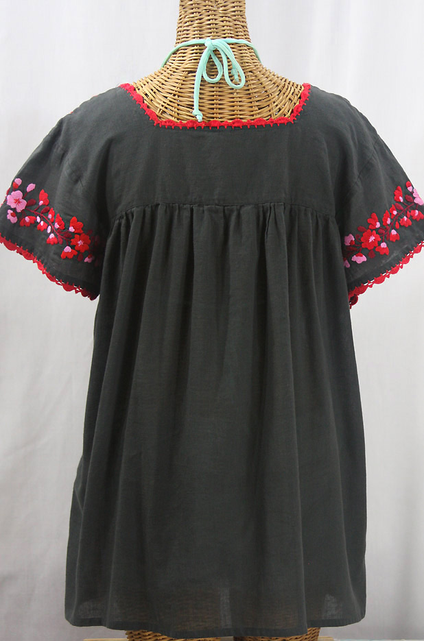 "La Marina Corta" Embroidered Mexican Peasant Blouse - Charcoal + Red Mix