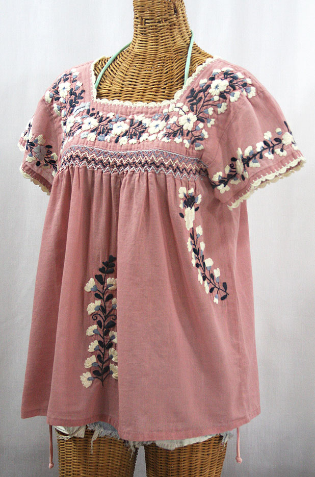 "La Marina Corta" Embroidered Mexican Peasant Blouse - Dusty Light Pink + Grey Mix