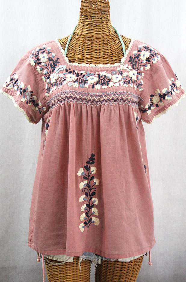 "La Marina Corta" Embroidered Mexican Peasant Blouse - Dusty Light Pink + Grey Mix