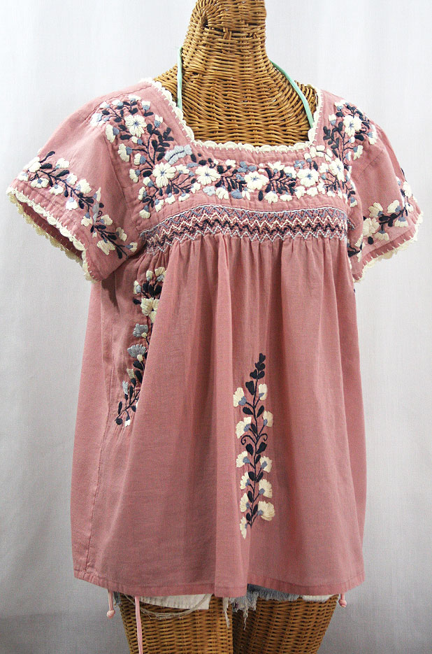 "La Marina Corta" Embroidered Mexican Peasant Blouse - Dusty Light Pink + Grey Mix