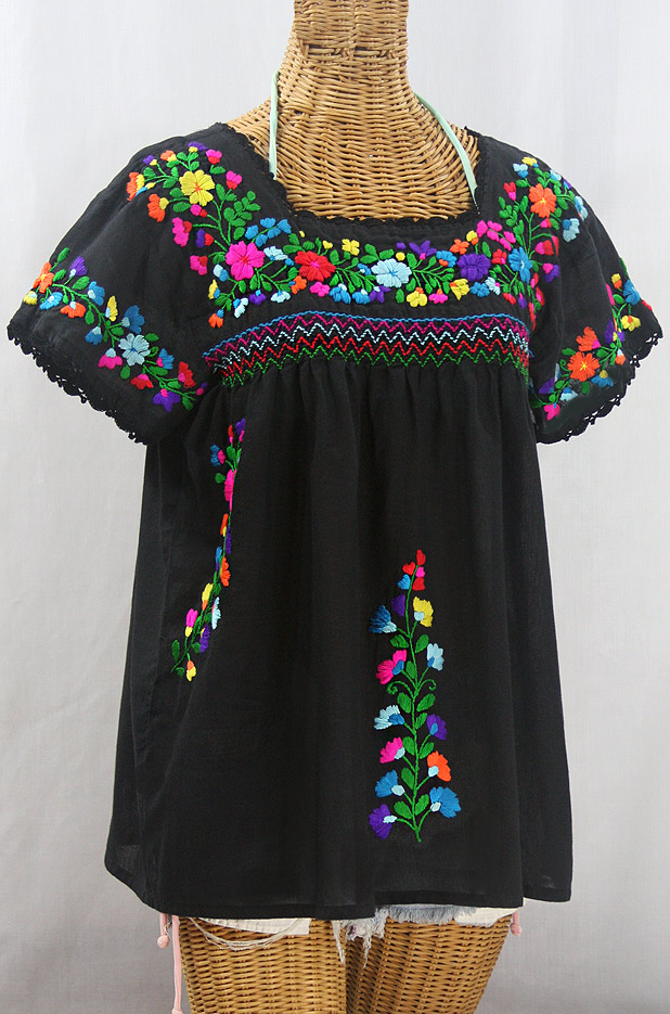 "La Marina Corta" Embroidered Mexican Peasant Blouse - Black + Rainbow + Black Trim
