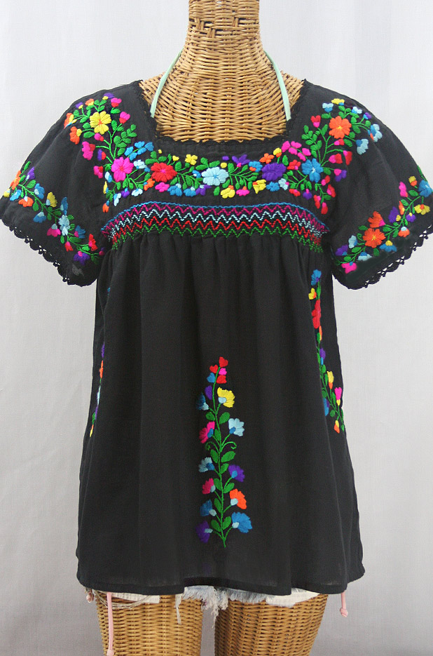 "La Marina Corta" Embroidered Mexican Peasant Blouse - Black + Rainbow + Black Trim