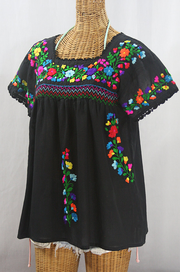 "La Marina Corta" Embroidered Mexican Peasant Blouse - Black + Rainbow + Black Trim