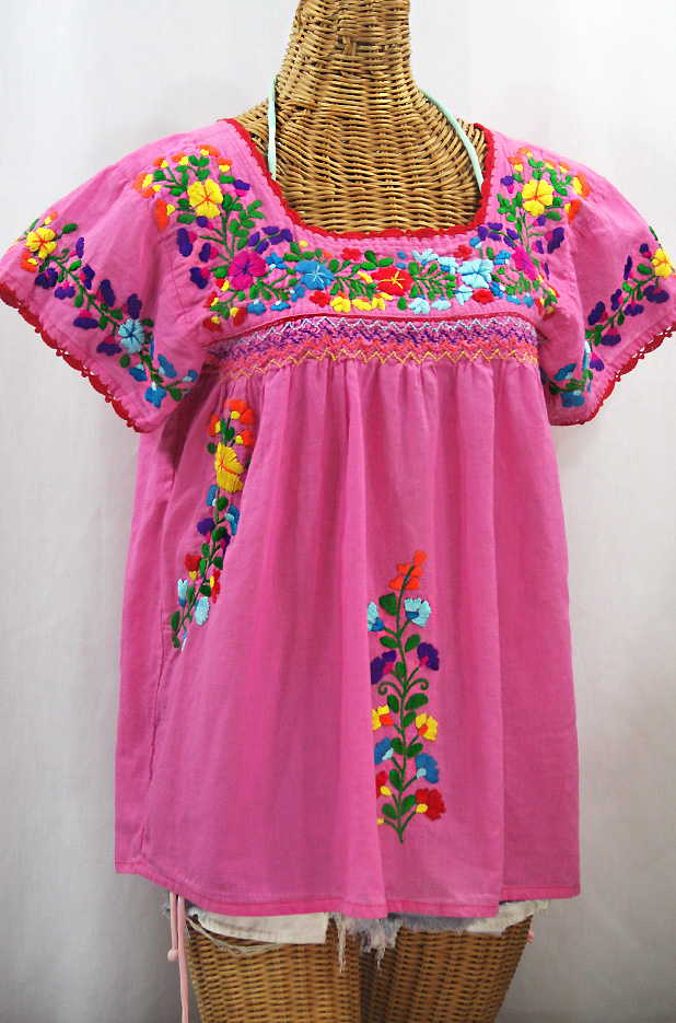 "La Marina Corta" Embroidered Mexican Peasant Blouse - Bubblegum Pink + Rainbow